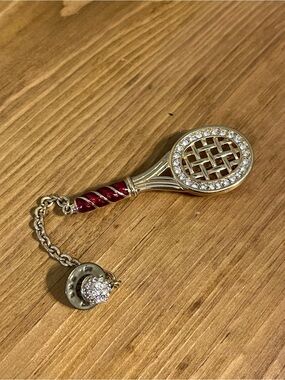 Swarovski retired red handle tennis racket and attached ball gold tone 2”